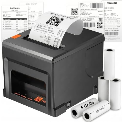 Fuhuihe Imprimante POS Thermique 80mm avec Coupeur Automatique et 5 Rouleaux de Papier - 300mm/s pour PC Windows, USB LAN Bluetooth