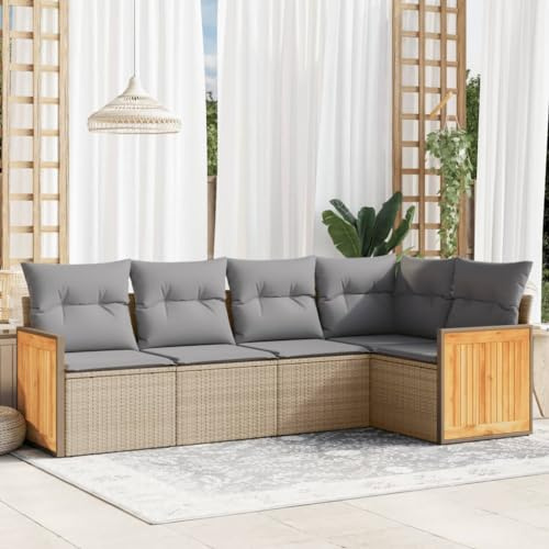 Owoxanthellate Ensemble de canapé de jardin 5 pièces - Beige - En rotin synthétique - Résistant aux intempéries - Avec espace de rangement - 62 x 62 x 69 cm - Groupe de sièges modulaire pour balcon