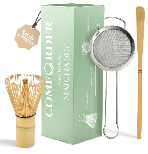comforder Set da Matcha con Frusta in Bambù (Chasen), Cucchiaio e Setaccio