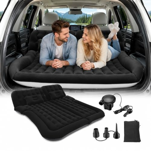 EGBNSY Matelas Voiture, 1,74x1,26m Matelas Gonflable Voiture, Matelas Autogonflant 2 Personnes, Pompe Électrique 12V 75W, Capacité 300kg, Lit Voiture pour SUV, Tout-Terrain, Voyage, Camping (Noir)