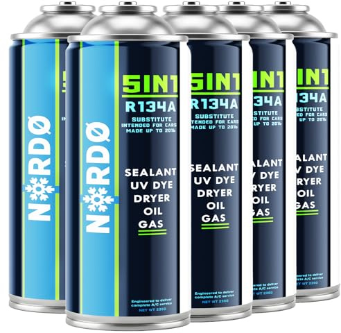 Nordo - 5-i-1 - Luftkonditioneringspåfyllning R134a x 5, 235 g per burk, för bilens luftkonditionering, innehåller olja, tätningsmedel, UV-färg och torkmedel – skyddar kompressorn