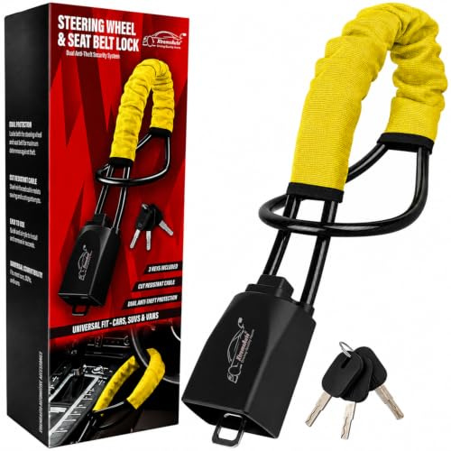 Xtremeauto Steering Wheel & Seat Belt Lock – Dual Anti-Theft Vehicle Security Lock with Cut Resistant Steel Cable, High Visibility Cover & 3 Keys – Universal Fit for Cars, SUVs & Vans (Yellow)