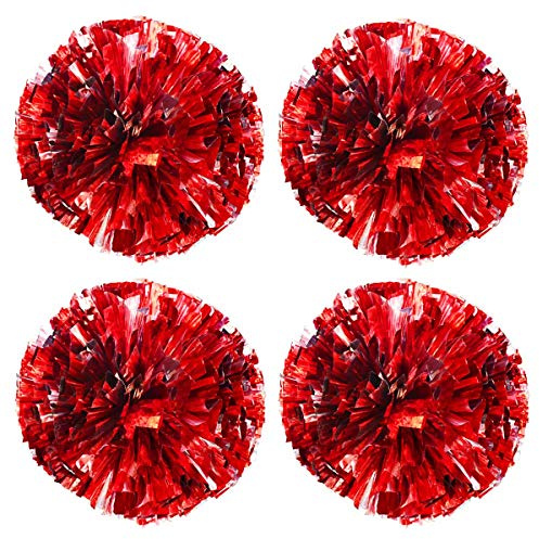 TTSAM 4 Pack (2 Pair) Metallic Foil Cheerleader Pom Poms & Plastic Ring Cheer Poms with Baton Handle Cheerleading Pompoms for Sports Party Dance Team Accessories Cheering Squad Spirit (Red & Silver)