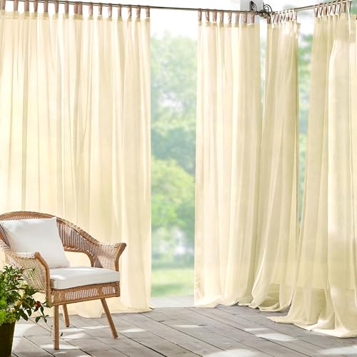 Threadmade Darien Solid Indoor/Outdoor Sheer Adhesive Loop Tab Top Window Curtain Panel, Natural - 52 W x 84 L