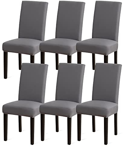 Stuhlhussen 6er Set Grau, Stretch Esszimmer Stuhlbezug für Esszimmerstühle, Abnehmbarer Waschbarer Spandex Stuhlüberzug für Küchenstühle ,Hotel, Bankett(Grau, 6 Stück)