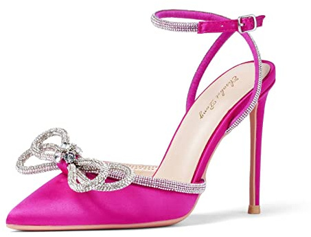 Zhabtuc Tacones de Aguja de Raso Rosa para Mujer Zapatos de Tacón con Lazo y Punta Cerrada Sandalias con Correa en el Tobillo con Pedrería Zapatos Sexy de Tacón Alto Slingback Stiletto Heels 41 EU