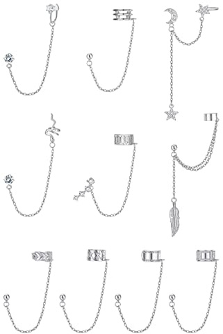 ADRAMATA 10 Stücke Ohr Manschette Ohrringe Kette für Damen Schlange Feder Ohr Manschette Kreuz Mond Stern Ohr Bergsteiger Helix Knorpel Crawler Ohrringe Quaste Gold Silver Ear Cuff Earrings für Damen
