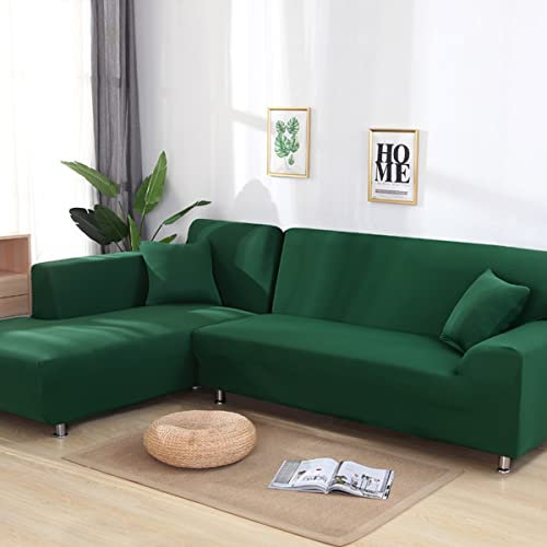 Sofabezüge, L-Form, super dehnbar, Sofabezüge für 3 + 4 Sitzer, Sektional-Chaiselongue-Schonbezug für Haustiere und Kinder, Schwarzgrün, 2 Stück