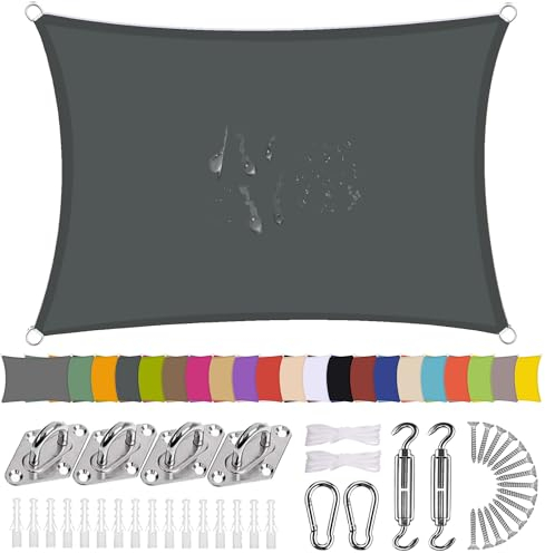 Sonnensegel Rechteck 1.5 x 2m Wasserdicht Sonnenschutz Balkon Terrasse mit Montagezubehör PES Polyester 98% UV-Schutz Reißfest Wetterfest für Garten Outdoor,Dunkelgrau