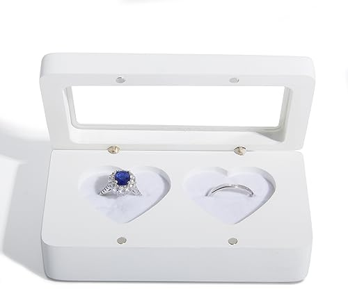 Wislist Ring Box for Wedding Ceremony, White Wooden Double Heart Ring Bearer Holder for Wedding and Engagement (White Rectangle)