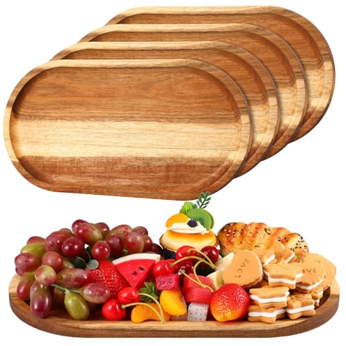 Yaomiao 4 Pcs Acacia Wooden Serving Tray Oval Shaped Rustic Wood Plates Large Decorative Natural Tray Serving Platter for Food Charcuterie Cheese Dish Bread Fruit Kitchen(16 x 10 Inch)