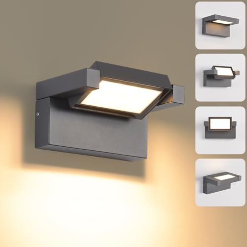 Außenleuchte Wand 12W LED,Wandleuchte Außen Innen,IP65 wasserdichte Außenwandleuchte 3000K Warmweiß Aussenleuchte,Wandlampe mit 350° Schwenkbar Panel, Außenlampe für Garten Terrasse Balkon Dunkelgrau