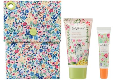 Cath Kidston Hand Cream 50ml, Lip Balm 10ml and Travel Pouch, Essential Oils to Keep Hands Soft and Moisturised, Beauty Gift For Her, Vegan Friendly and Cruelty Free, Carnival Parade Collection