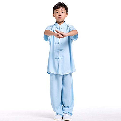RWRAPS Kinder-Tai-Chi-Anzug, traditioneller chinesischer einfacher Tai-Chi-Anzug aus Seide und Baumwolle – Kampfsportleistung (Blau XS)