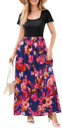 OUGES Maxi Maternity Dress for Women UK Ladies Short Sleeve Nursing Summer Dresses with Pockets(Floral05,XL)