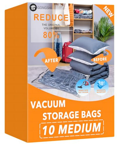 10 Medium Vacuum Storage Bags, Space Saver Sealer Compression Bags for Blankets, Comforters, Pillows, Clothes Storage