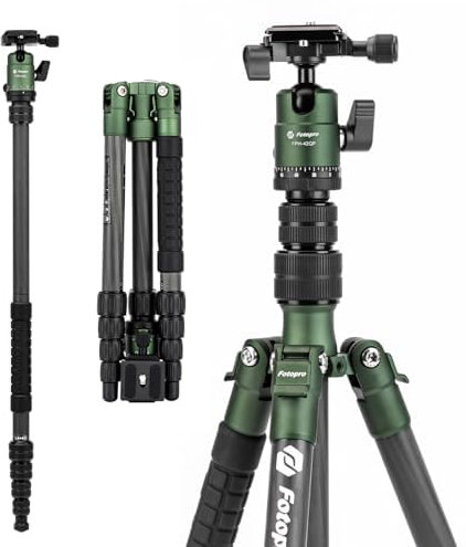 Fotopro Trípode de Viaje de Fibra de Carbono de 60, trípode Compacto para cámara con Cabeza esférica, monopié Desmontable con Placa de liberación rápida y Bolsa, Carga de hasta 8 kg/17,63 lbs