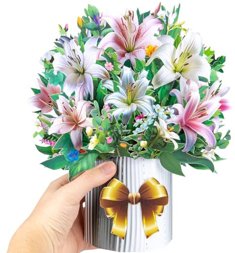 CNLITIHEKA Tarjetas emergentes de ramo de flores de papel de lirio, tarjeta de flores emergentes para el día de la madre, tarjeta del día del profesor, con tarjeta de notas y sobre, tarjetas de