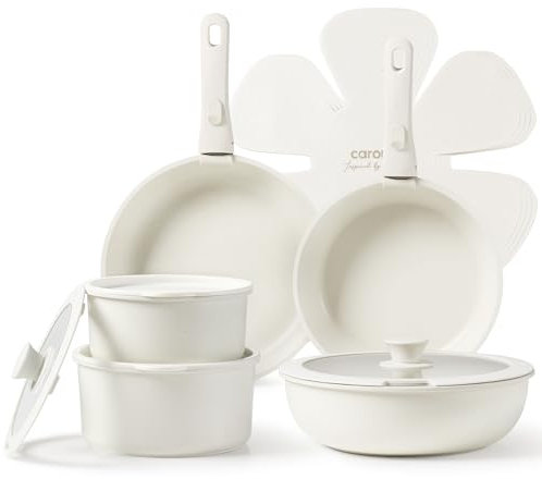 CAROTE Set di Pentole e Padelle 15 Pezzi Bianche con Rivestimento Effetto Granito, Manici Rimovibili, Antiaderente, per Induzione, Forno, Lavastoviglie, Salvaspazio, Senza PFOA