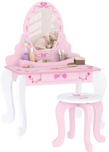 AIYAPLAY Kids Dressing Table with Mirror and Stool, Girls Dressing Table with Drawer and Desktop Storage, Two-Piece Ballet Themed Girls Makeup Desk, Chair, Pink