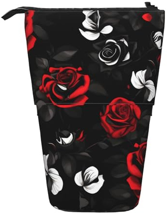 SDEGTHO Black White and Red Roses Cute Telescopic Pencil Case,Students Pen Holder,Stationery Storage for School College Supplies