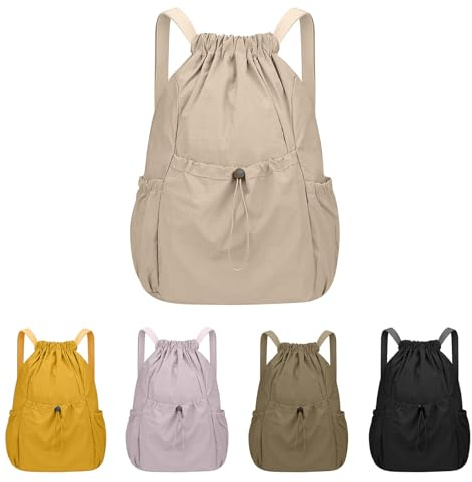Risipu Sac à dos avec cordon de serrage étanche de grande capacité avec plusieurs poches, sac de sport avec cordon pour hommes et femmes, sacs de natation, sports, fitness et voyage, kaki, 32x17x42 cm