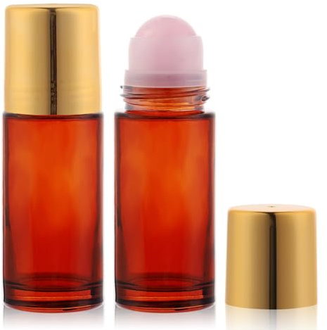 RAMFIYN 2 pack 1.7oz Large Amber Glass Roll on Bottles for Essential Oils Perfume Refillable Roller Ball Applicator Empty Deodorant Containers with Pink Crystal Rollerball