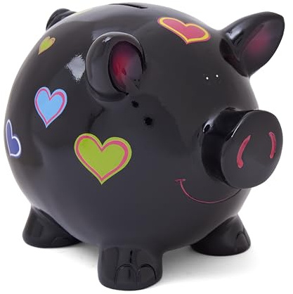 Mousehouse Gifts - Grande salvadanaio a forma di maiale con fiori e cuori, per ragazze, bambini e adulti (nero con cuori)