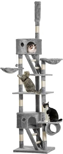 Pawhut Arbre à chat du sol au plafond, arbre à grimper griffoir pour chat réglable en hauteur 240-260 cm à plusieurs niveaux avec griffoirs, niches, rampes, hamacs, balles pour l'intérieur, gris clair