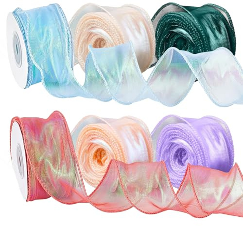Noaxylic 6 Rotoli di Nastro Iridescente Luccicante Largo, 4cm x 9m, Involucro Decorativo Nastro, Nastri Colorati per Confezioni Regalo, Cucito, Artigianato, Matrimoni, Natale, Decorazioni per Feste