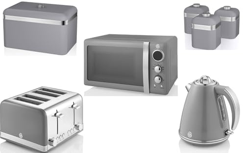 Swan Retro Grey Kitchen Set of 7 – 1.5L 3KW Jug Kettle, 4 Slice Toaster, 20L 800W Digital Microwave, Bread Bin & Tea Coffee Sugar Canisters – Matching Vintage Grey Appliances, 2 Year Guarantee