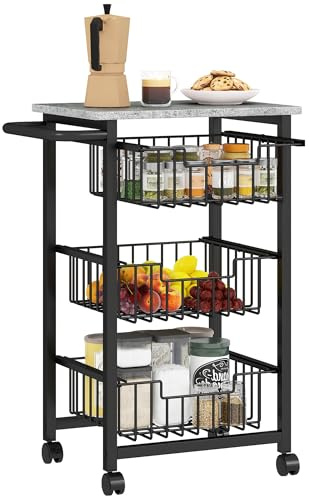 HOMCOM Chariot de Rangement à 4 Niveaux, 3 paniers extractibles, desserte à roulettes, Plateau et poignée, desserte Cuisine compacte pour Chambre, Salon, Bureau, 49,5x31x69cm, Gris Clair Noir