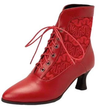 Botines victorianos de piel con cordones y tacón alto para mujer, estilo vintage, Red, 43.5 EU