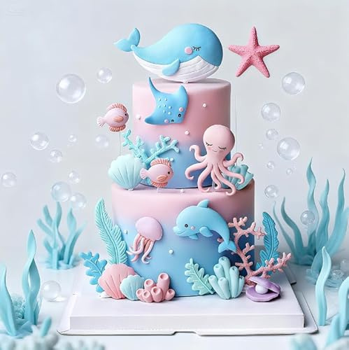 Underwater World Cake Topper, Toppers per Torta Animali Marini con Balena, Delfino, Medusa, Polpo, Decorazione per Torta a Tema Oceano per Bambini, Decorazioni per Cupcake Fondale Marino