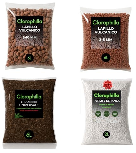 Kit Rinvaso Piante Clorophilla–Lapillo Vulcanico 5–10 mm 10L+Lapillo 3–5 mm 10L+Terriccio Universale con Humus 10L+Perlite 10L Inclusa – Substrato Drenante per Piante da Interno e Tropicali (6L X4)