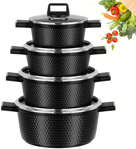 HOMELUX Grytset induktion 8 delar, 20/24/28/32 cm kastrullset med non-stick-beläggning, kastruller induktion för alla typer av spisar, PTFE/PFOA-fri, fasetutseende och svart