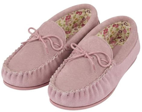 Ladies Real Suede Leather Moccasin with Hardwearing Sole (5 UK, Pink)