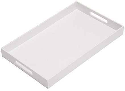KEVLANG Glossy White Sturdy Acrylic Serving Tray with Handles-12x20 Inch-Serving Coffee Appetizer Breakfast-Kitchen Countertop Makeup Drawer Organizer-Vanity Table Ottoman Decorative Tray
