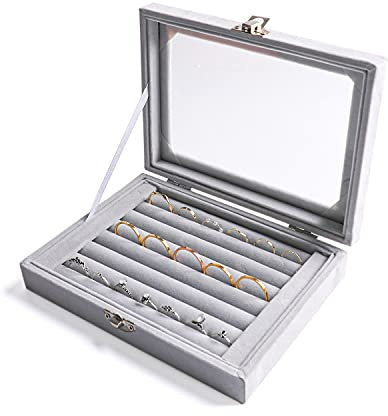 Frebeauty Bandeja organizadora de aretes/anillos tapa transparente, 7 ranuras Inserto de cajón de terciopelo Caja de almacenamiento de joyas Vitrina de joyería (gris, 7 ranuras)