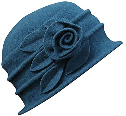 Women's 100% Wool Vintage Felt Cloche Bucket Hat - Winter Crushable 1920s Fedora Trilby Cap - Round Church Hat With Bow Flower