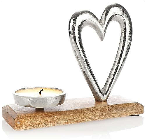 com-four® Kerzenhalter mit Deko-Figur - Dekorativer Kerzenständer aus vernickeltem Aluminium mit Mangoholz-Sockel - Teelichthalter für Kerzen Aller Art (Design 2)