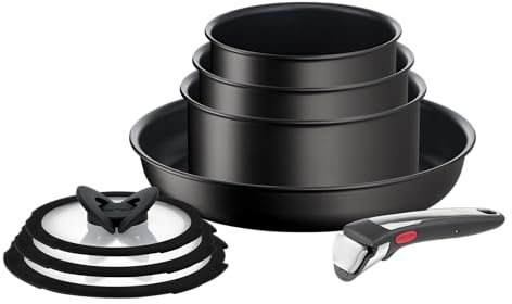 Tefal Ingenio Unlimited ON 8 Piece Non-Stick Induction Pan Set, 28 cm Frying Pan, 16&18&20 cm Saucepans, 16&18&20 cm Glass Lids, 1 Bakelite Removable Handle, Easy Cleaning, Black, L3959053