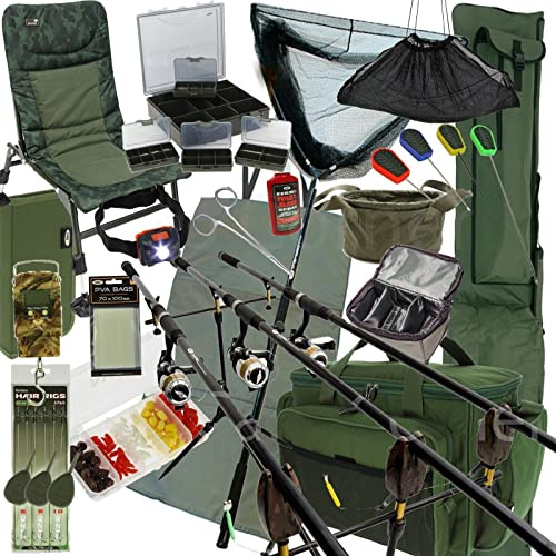 Deluxe Carp Fishing Setup Rods Reels Foldable Camo Chair Holdall Bags Unhooking Mat Landing Net Tackle Box Weighing Scales (3 Rod Setup)