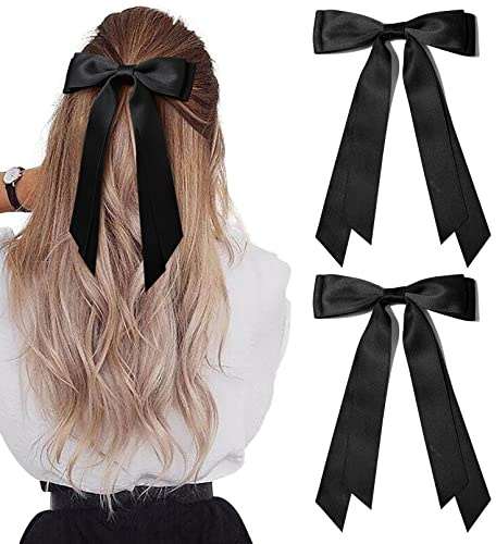 2PCS Silky Satin Hair Bows Hair Clip Black Hair Ribbon Ponytail Holder Accessories Slides Metal Clips Hair Bow for Women Girls Toddlers Teens Kids