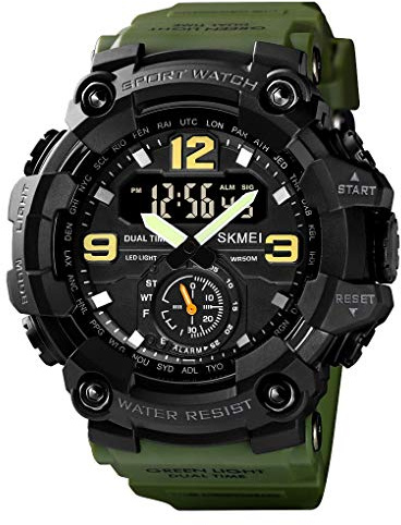 Yuxier Herren Militär Armbanduhr Camouflage Sport Outdoor Wasserdicht Armbanduhr Datum Multifunktion mit LED Alarm Mehrere Zeit, Grün