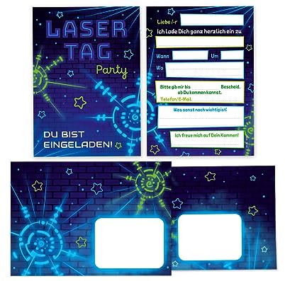 Minkocards 8 Einladungskarten incl. 8 Umschläge zum Kindergeburtstag Lasertag Laser Tag Mädchen Jungen Einladungen zum Geburtstag Kinder Einladungsset