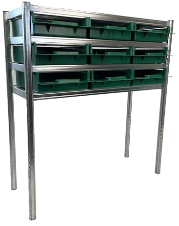 Raaco Regalsystem 4-800, Schwerlastregal und Lastenregal mit 4 Stahl-Regalböden, 100 kg pro Boden, 31 cm Tiefe & 9 Regalboxen, Ideal als Werkstattregal und Lagerregal, 31 x 92 x 100 cm