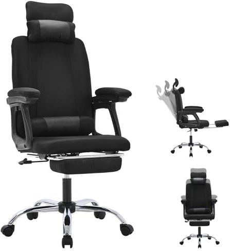 BTGGG Bürostuhl mit Fußstütze, Ergonomischer Schreibtischstuhl, bis 150kg belastbar, Drehstuhl mit Rollen, Chefsessel aus Mesh mit Kopfstütze, Armlehnen, Lendenwirbelstütze, Schwarz