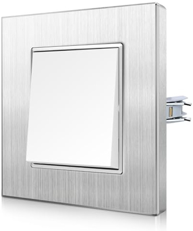 CNBINGO Aluminium växelströmbrytare med spännklämmor – strömbrytare infälld med aluminiumram – reptålig vippströmbrytare – silver infälld strömbrytare – 1 fack 2-vägs väggströmbrytare