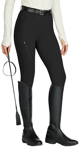 WILLIT Leggings da equitazione da donna, in silicone, con inserti completi, a vita alta, elasticizzati, con tasca con cerniera, passanti per cintura, Nero , XL